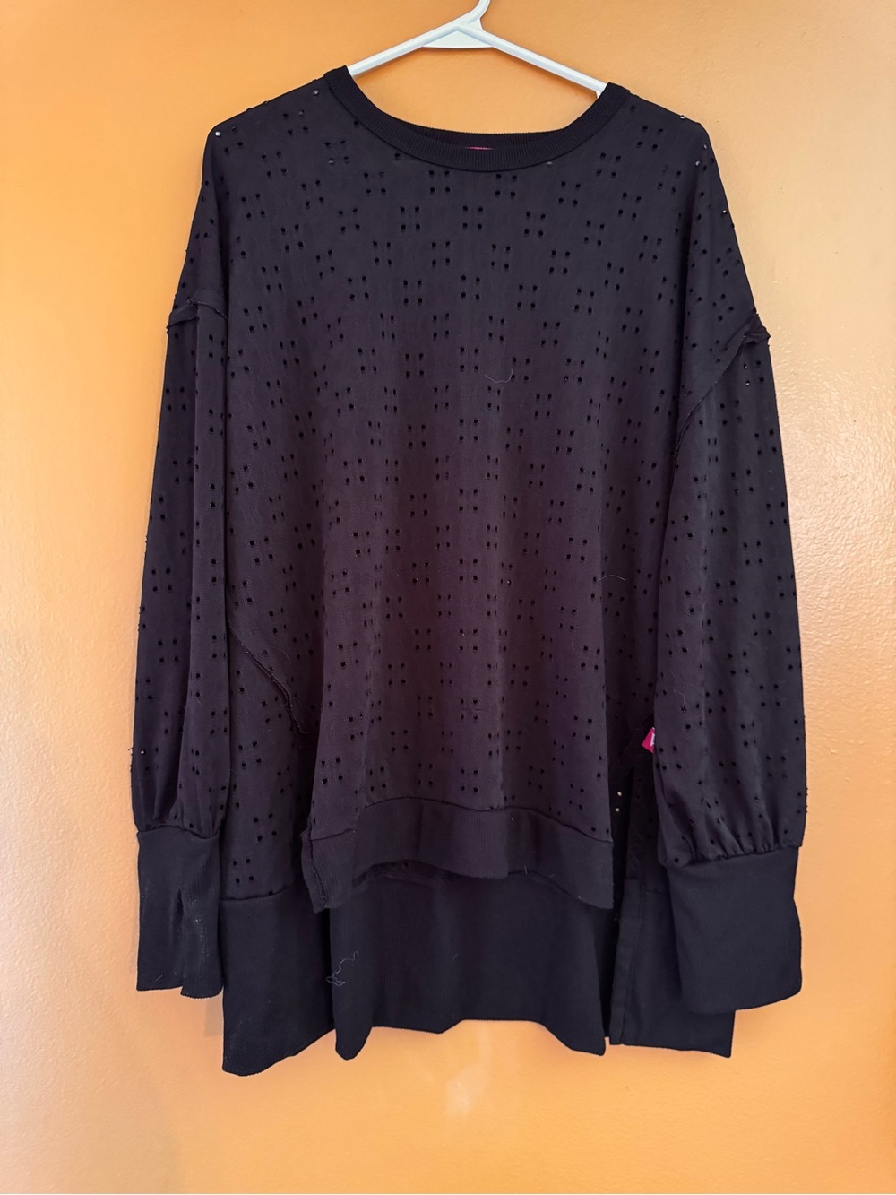 Relaxed Black Eyelet Longline Pullover Tunic
